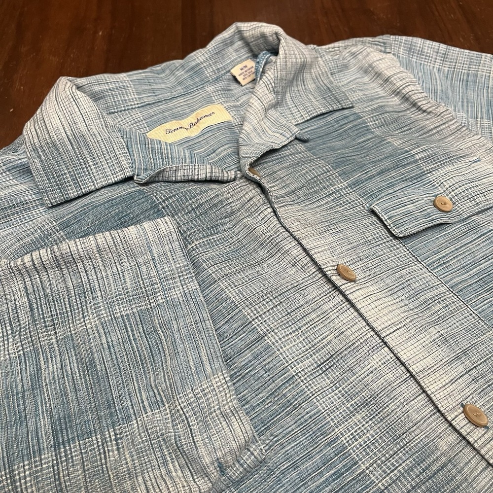 Tommy Bahama Men's M Silk Cotton Camp Shirt Blue Plaid Jacquard Leaf Button Up